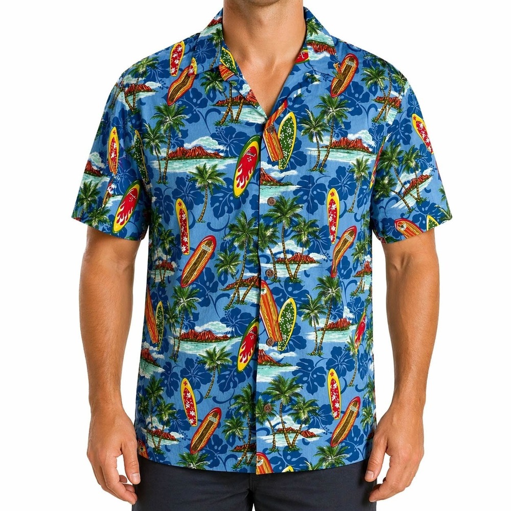 RJC Hawaiian Aloha Shirt XL Surfboards Palm Trees Volcanoes Blue Green
